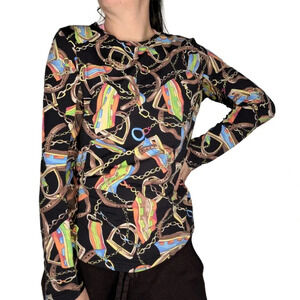 Icikuls Equestrian Print Mesh Panel  Long Sleeve Crewneck Size Large